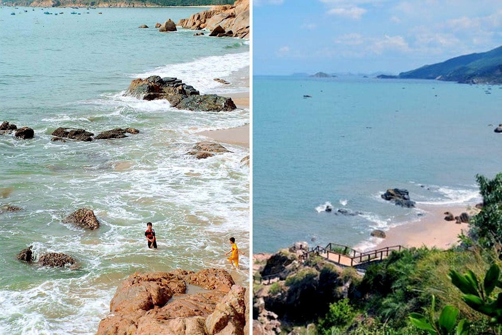 Bãi Tiên Sa khá nhỏ, có cây cầu gỗ nhỏ là lối dẫn xuống 